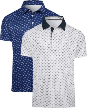 2 Pack Men's Golf Polo Shirts Short Sleeve Dry Fit Print Performance Mositure Wicking Golf Shirts for Men Casual