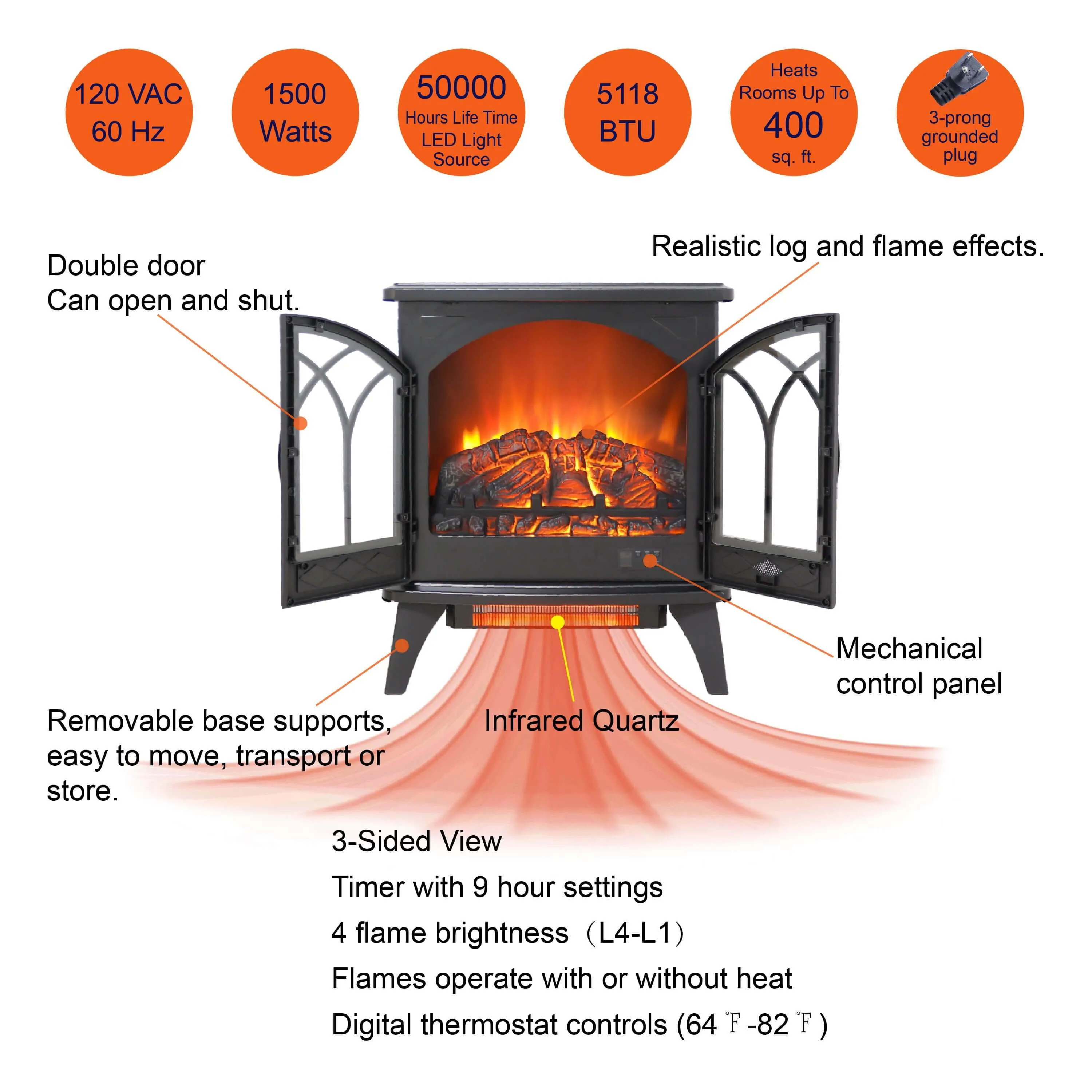 3D Infrared Electric Stove with Remote - Portable