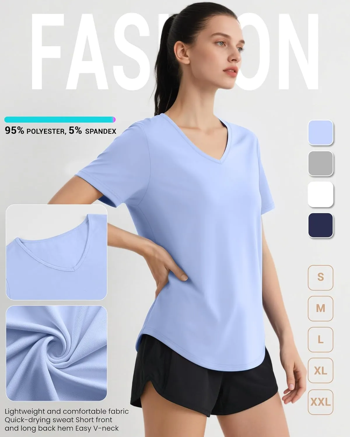 4 Pack Women's Short Sleeve Workout T Shirt Side Slits Curved Hem V Neck Breathable Exercise Tops Quick Dry UV Tee