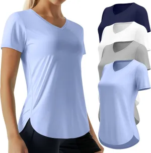 4 Pack Women's Short Sleeve Workout T Shirt Side Slits Curved Hem V Neck Breathable Exercise Tops Quick Dry UV Tee