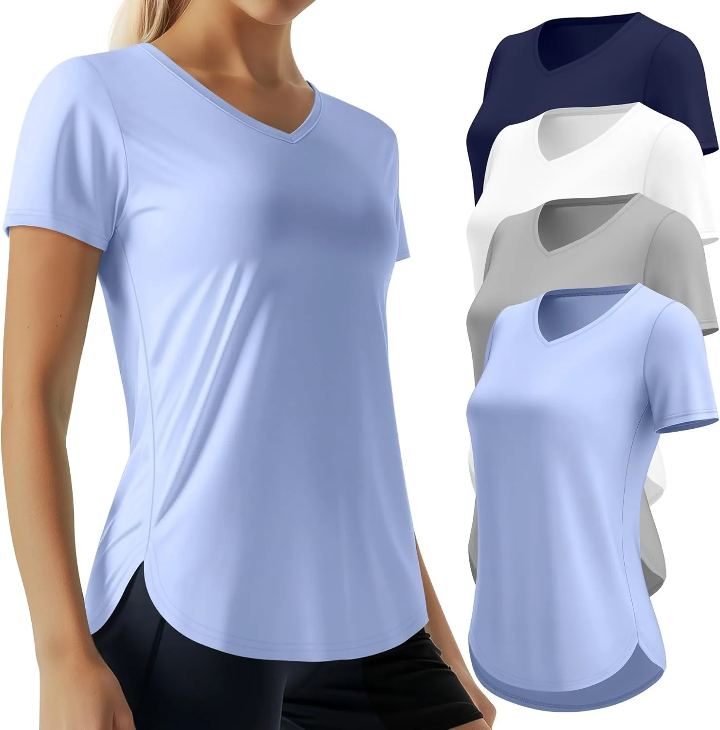 4 Pack Women's Short Sleeve Workout T Shirt Side Slits Curved Hem V Neck Breathable Exercise Tops Quick Dry UV Tee