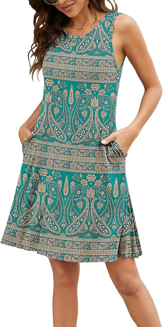 BEUFRI Sundress for Women Summer Casual Sleeveless Swing T Shirt Dresses Beach Cover up Tank Dress with Pockets