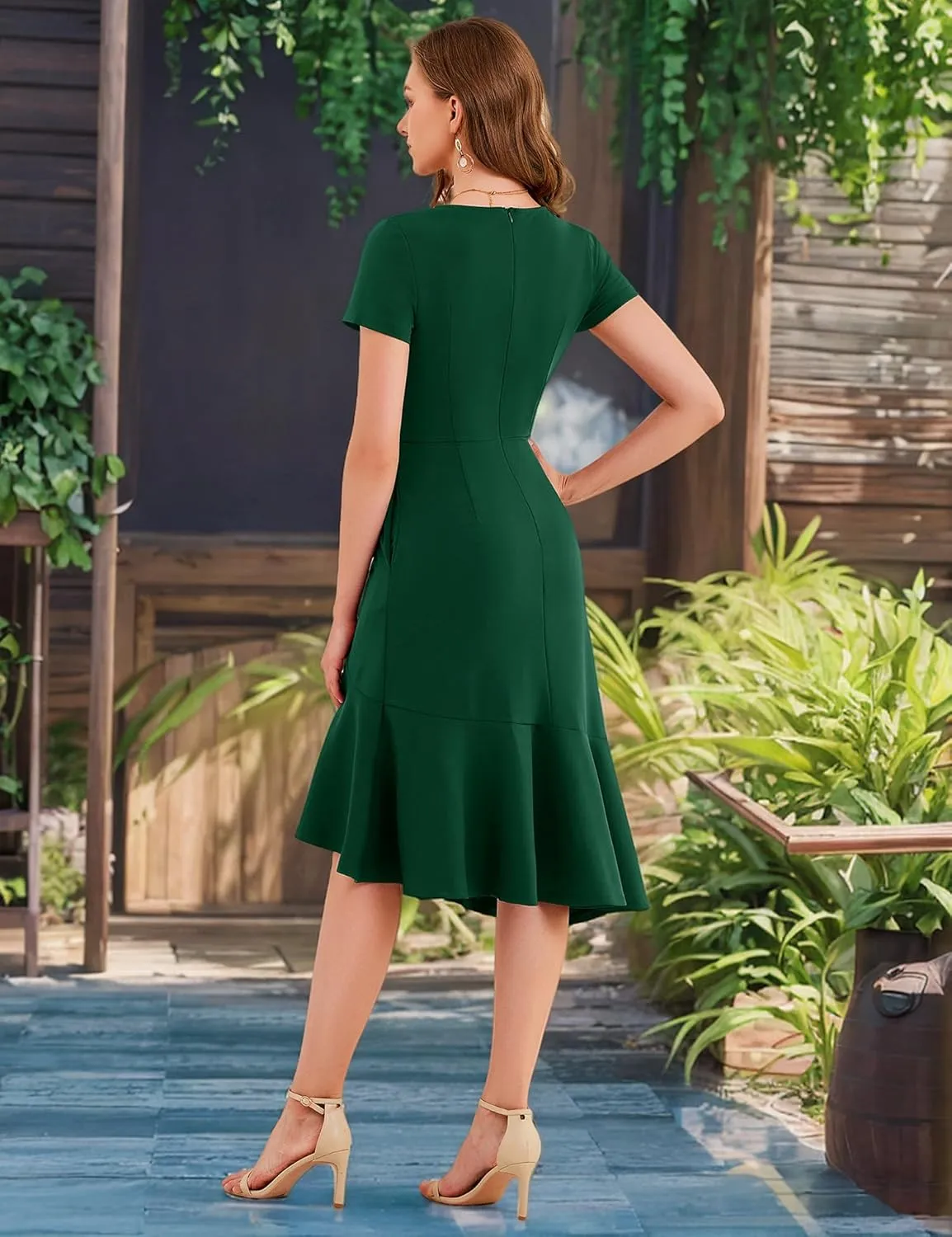Dressystar Womens Summer V Neck Short Sleeves Dress 2025 Wedding Guest Ruffle Hem Midi Cocktail Dresses with Pockets