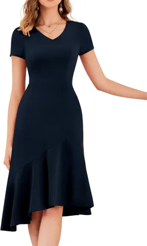Dressystar Womens Summer V Neck Short Sleeves Dress 2025 Wedding Guest Ruffle Hem Midi Cocktail Dresses with Pockets