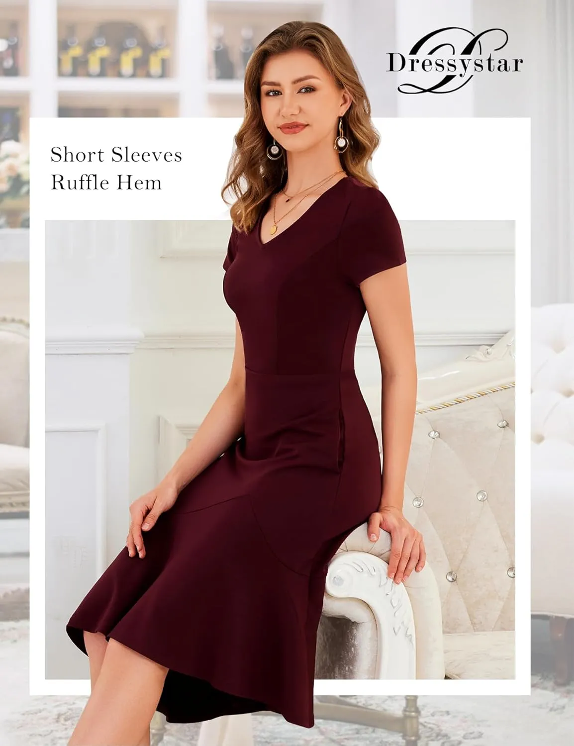 Dressystar Womens Summer V Neck Short Sleeves Dress 2025 Wedding Guest Ruffle Hem Midi Cocktail Dresses with Pockets