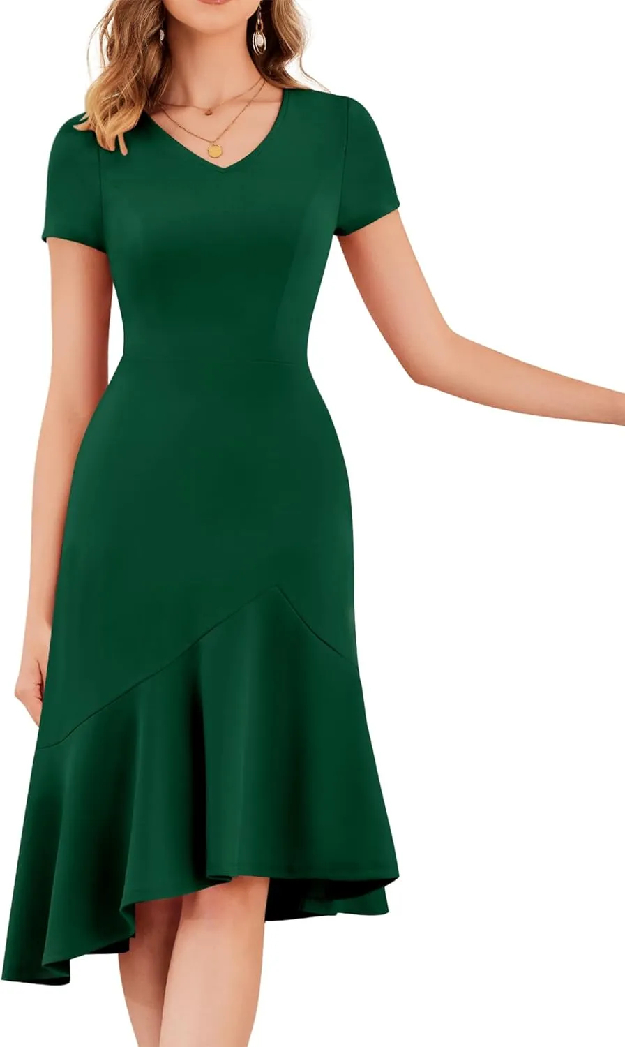 Dressystar Womens Summer V Neck Short Sleeves Dress 2025 Wedding Guest Ruffle Hem Midi Cocktail Dresses with Pockets