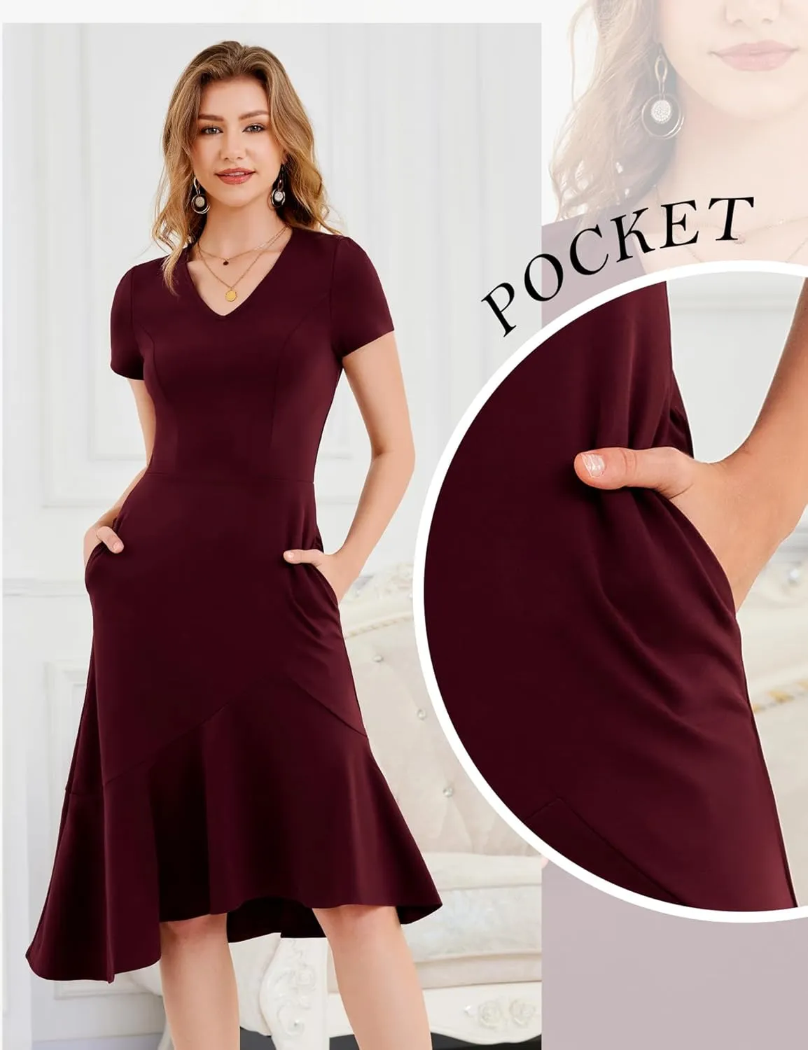 Dressystar Womens Summer V Neck Short Sleeves Dress 2025 Wedding Guest Ruffle Hem Midi Cocktail Dresses with Pockets