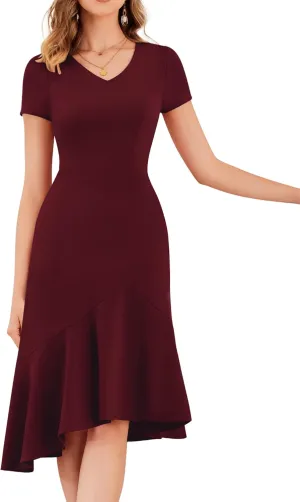 Dressystar Womens Summer V Neck Short Sleeves Dress 2025 Wedding Guest Ruffle Hem Midi Cocktail Dresses with Pockets