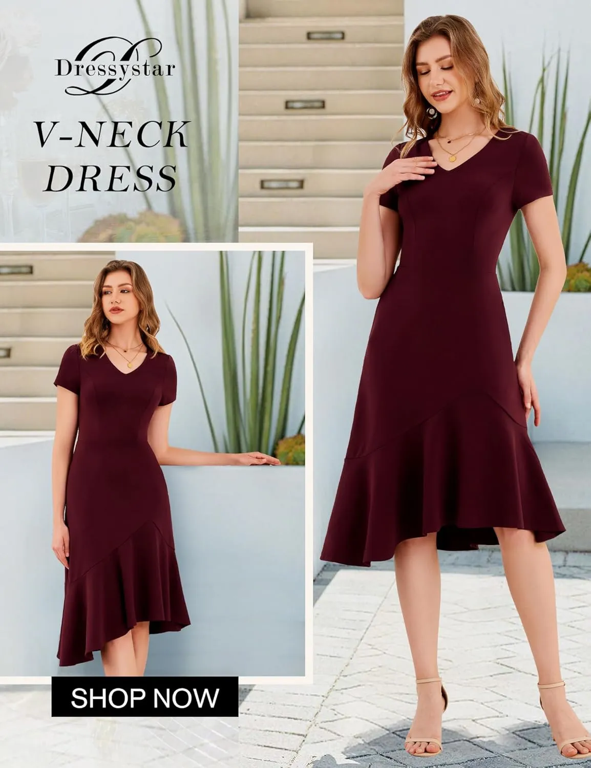 Dressystar Womens Summer V Neck Short Sleeves Dress 2025 Wedding Guest Ruffle Hem Midi Cocktail Dresses with Pockets