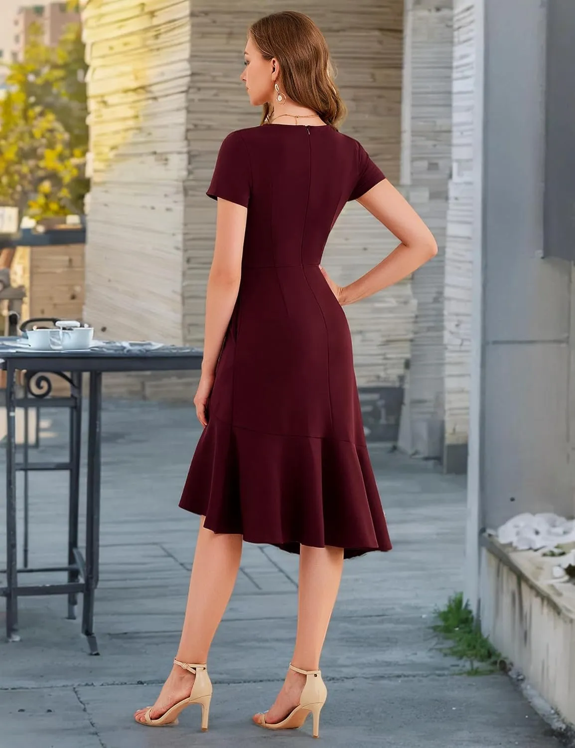 Dressystar Womens Summer V Neck Short Sleeves Dress 2025 Wedding Guest Ruffle Hem Midi Cocktail Dresses with Pockets