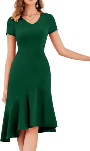 Dressystar Womens Summer V Neck Short Sleeves Dress 2025 Wedding Guest Ruffle Hem Midi Cocktail Dresses with Pockets