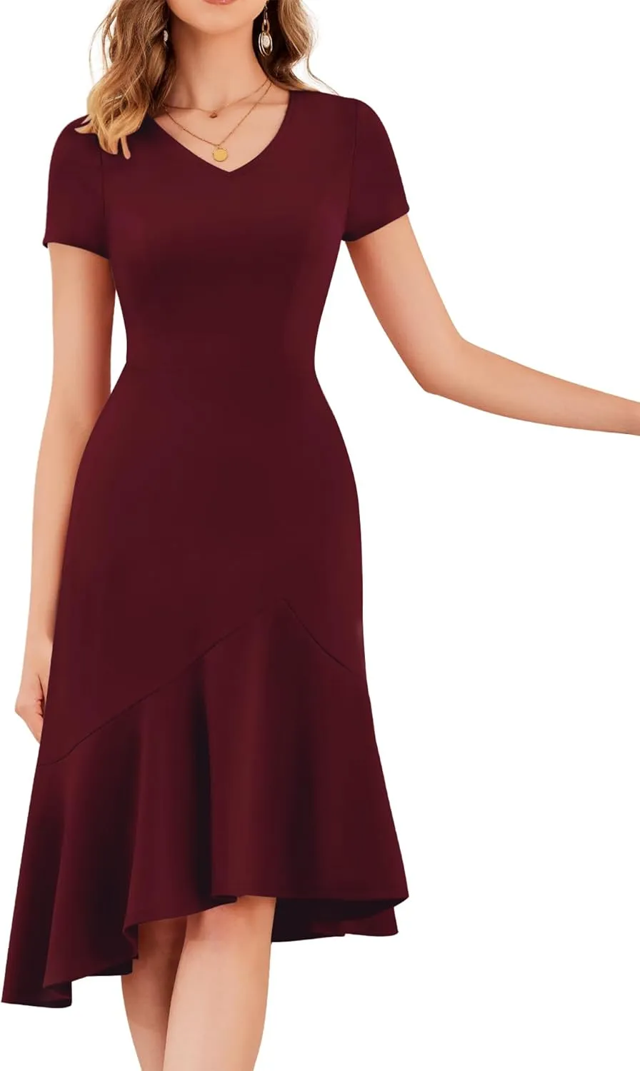 Dressystar Womens Summer V Neck Short Sleeves Dress 2025 Wedding Guest Ruffle Hem Midi Cocktail Dresses with Pockets