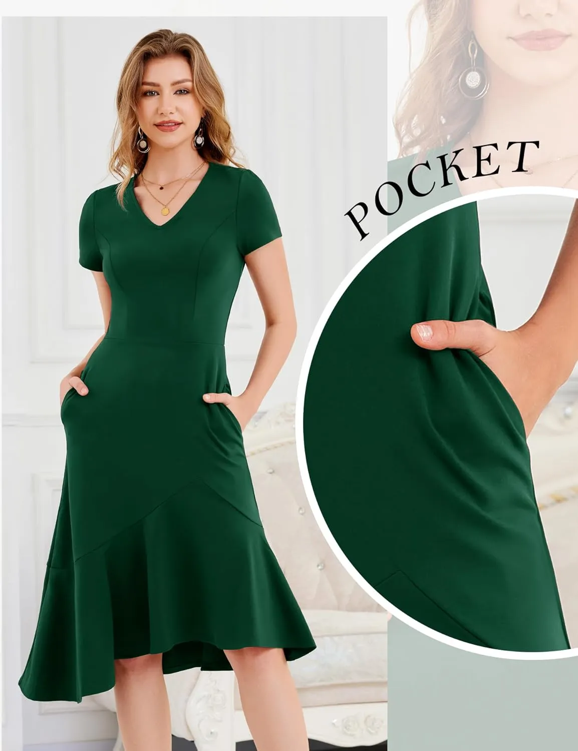 Dressystar Womens Summer V Neck Short Sleeves Dress 2025 Wedding Guest Ruffle Hem Midi Cocktail Dresses with Pockets