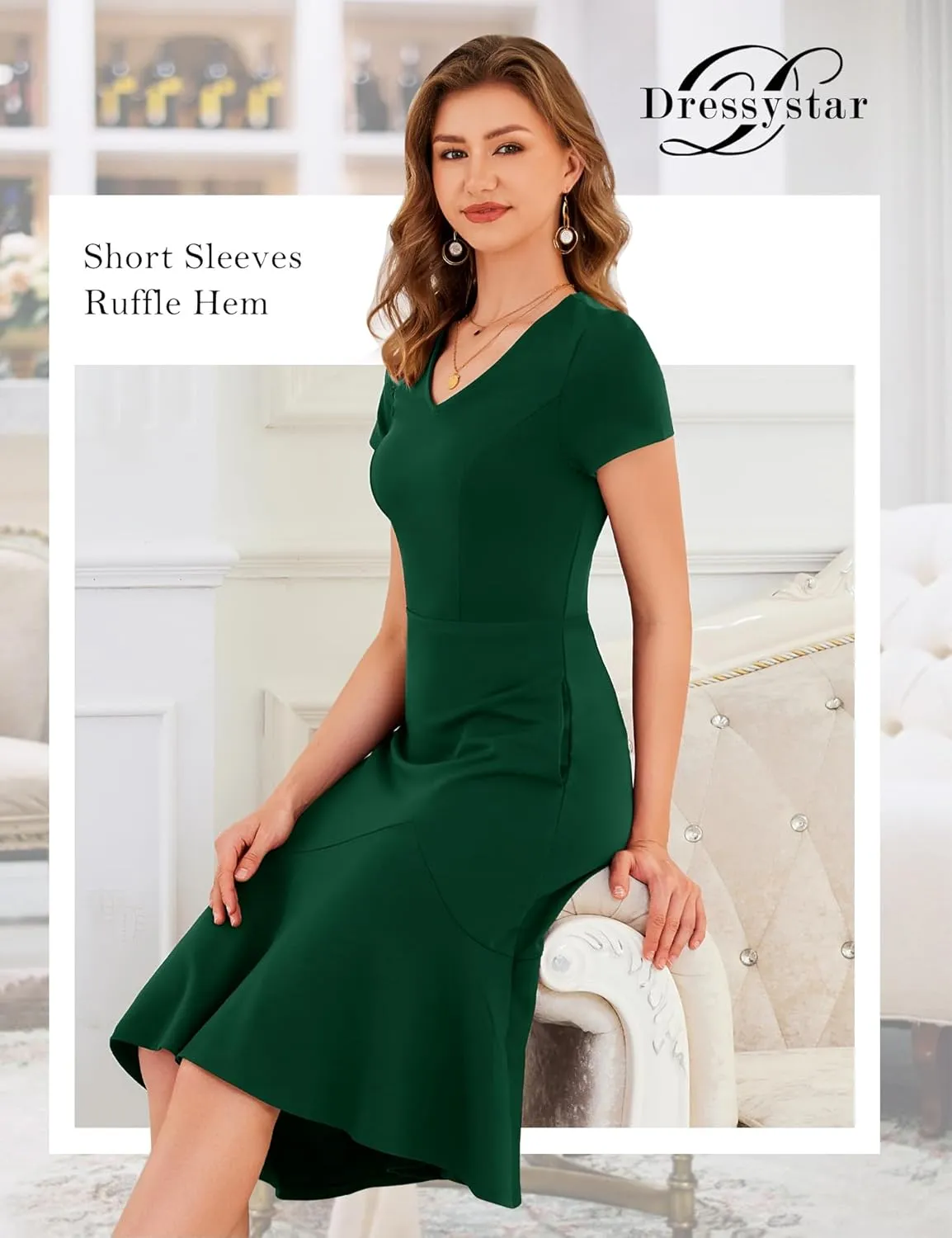 Dressystar Womens Summer V Neck Short Sleeves Dress 2025 Wedding Guest Ruffle Hem Midi Cocktail Dresses with Pockets