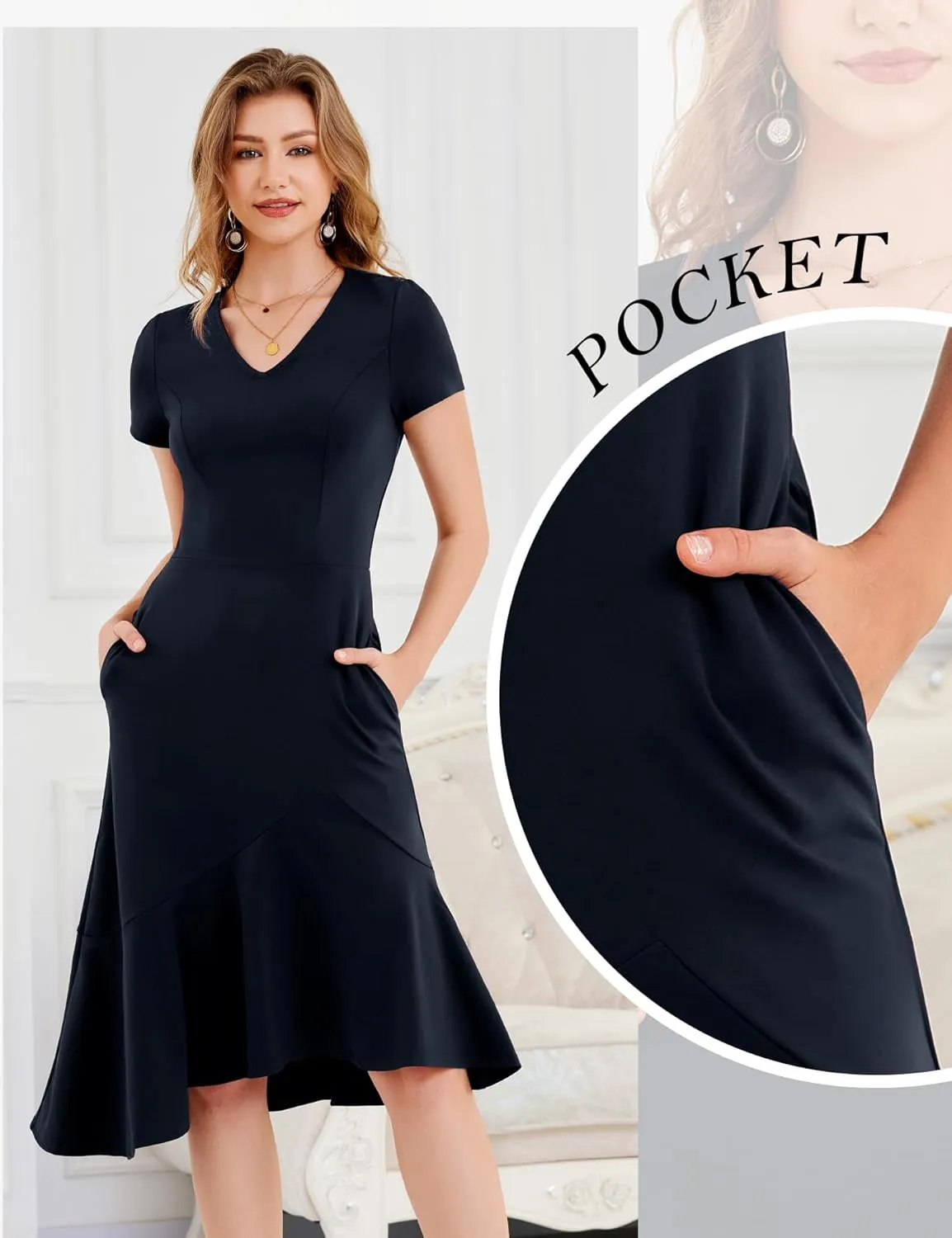 Dressystar Womens Summer V Neck Short Sleeves Dress 2025 Wedding Guest Ruffle Hem Midi Cocktail Dresses with Pockets