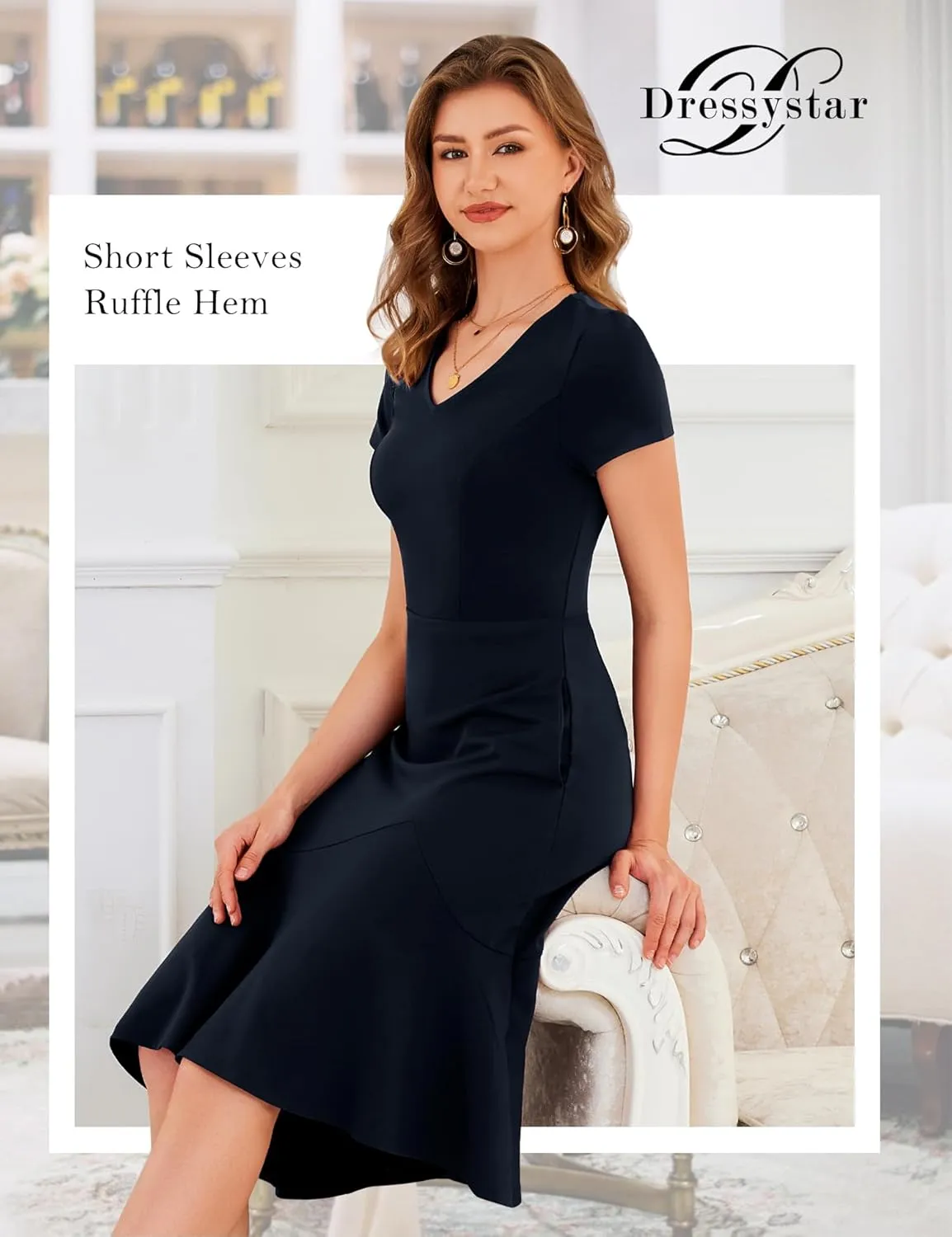 Dressystar Womens Summer V Neck Short Sleeves Dress 2025 Wedding Guest Ruffle Hem Midi Cocktail Dresses with Pockets