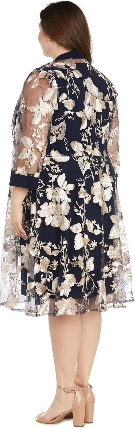 Floral Threadwork Duster Jacket Dress W/Tank Dress & Detachable Necklace
