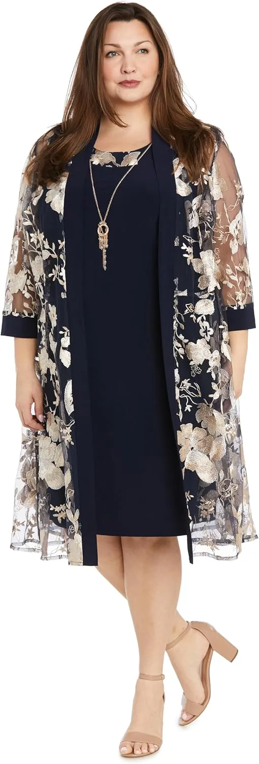 Floral Threadwork Duster Jacket Dress W/Tank Dress & Detachable Necklace