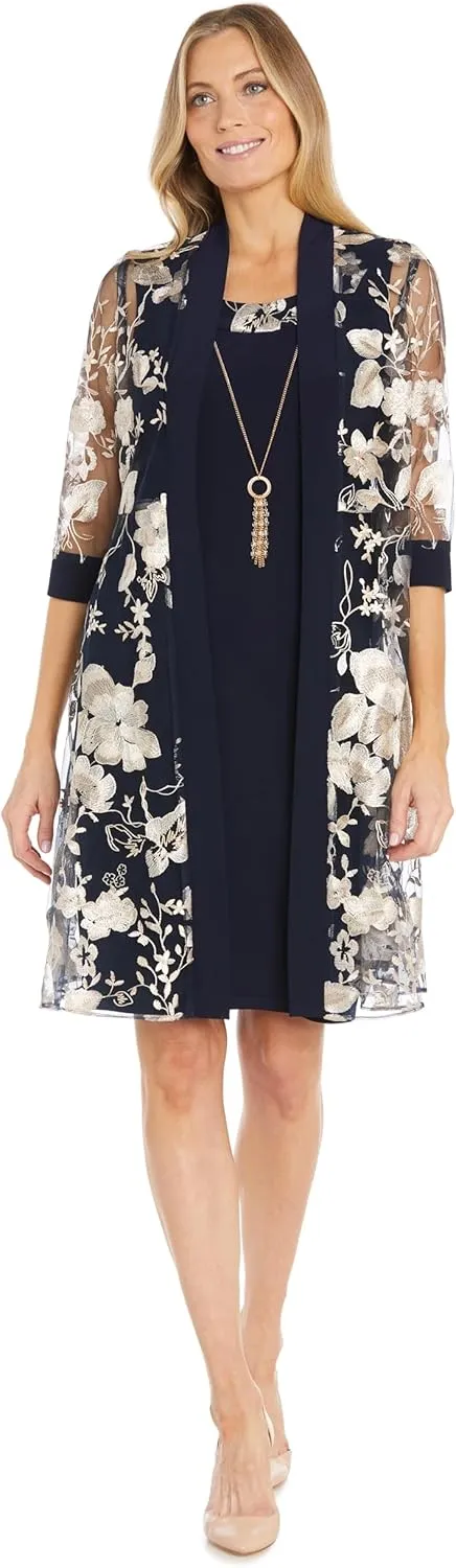 Floral Threadwork Duster Jacket Dress W/Tank Dress & Detachable Necklace