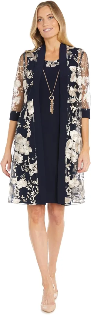 Floral Threadwork Duster Jacket Dress W/Tank Dress & Detachable Necklace