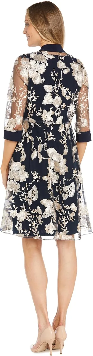 Floral Threadwork Duster Jacket Dress W/Tank Dress & Detachable Necklace