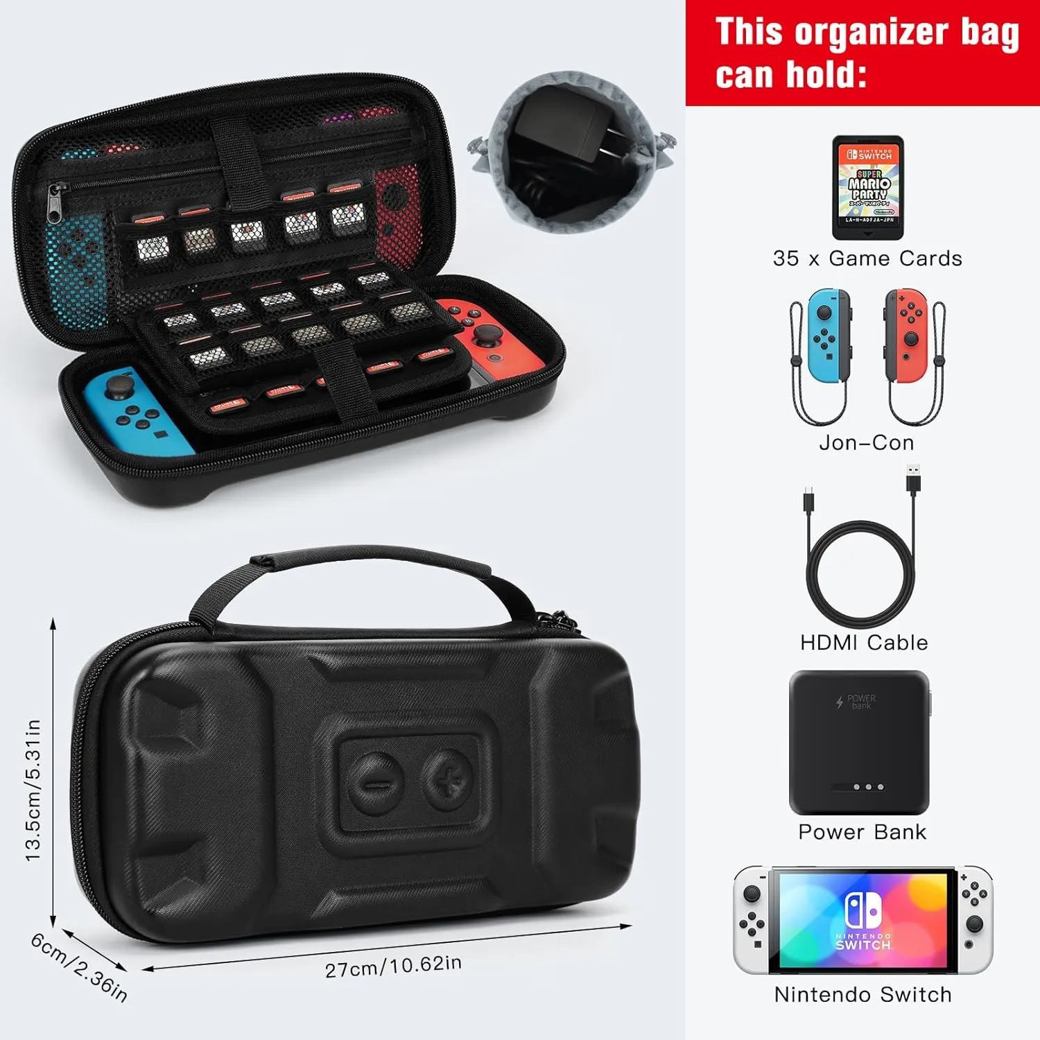 FYY Switch Case Compatible with Nintendo Switch and Switch OLED - Portable Hard Travel Case with 35 Game Card Holders, Built-in Kickstand, Drawstring Pouch for Charger - Black