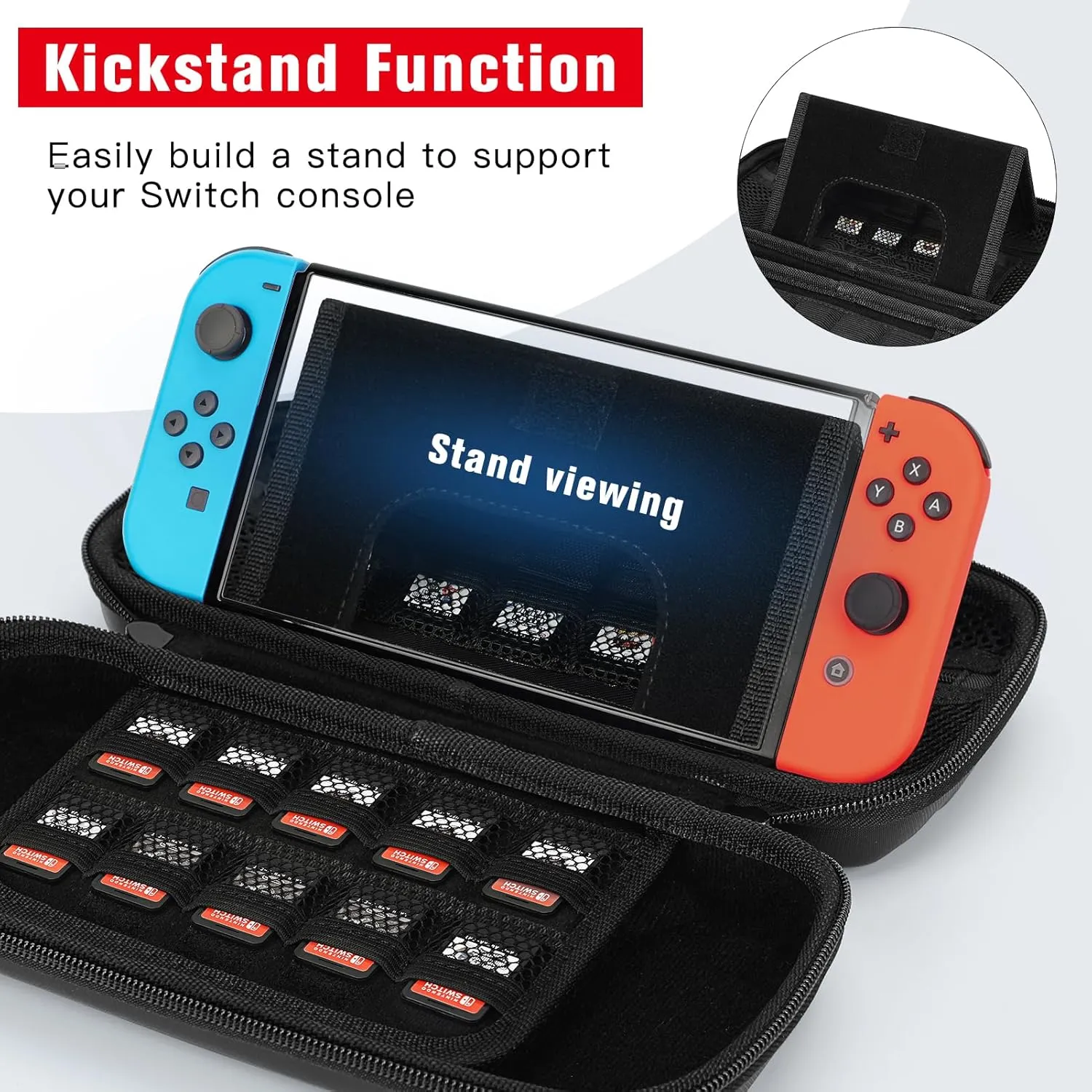 FYY Switch Case Compatible with Nintendo Switch and Switch OLED - Portable Hard Travel Case with 35 Game Card Holders, Built-in Kickstand, Drawstring Pouch for Charger - Black