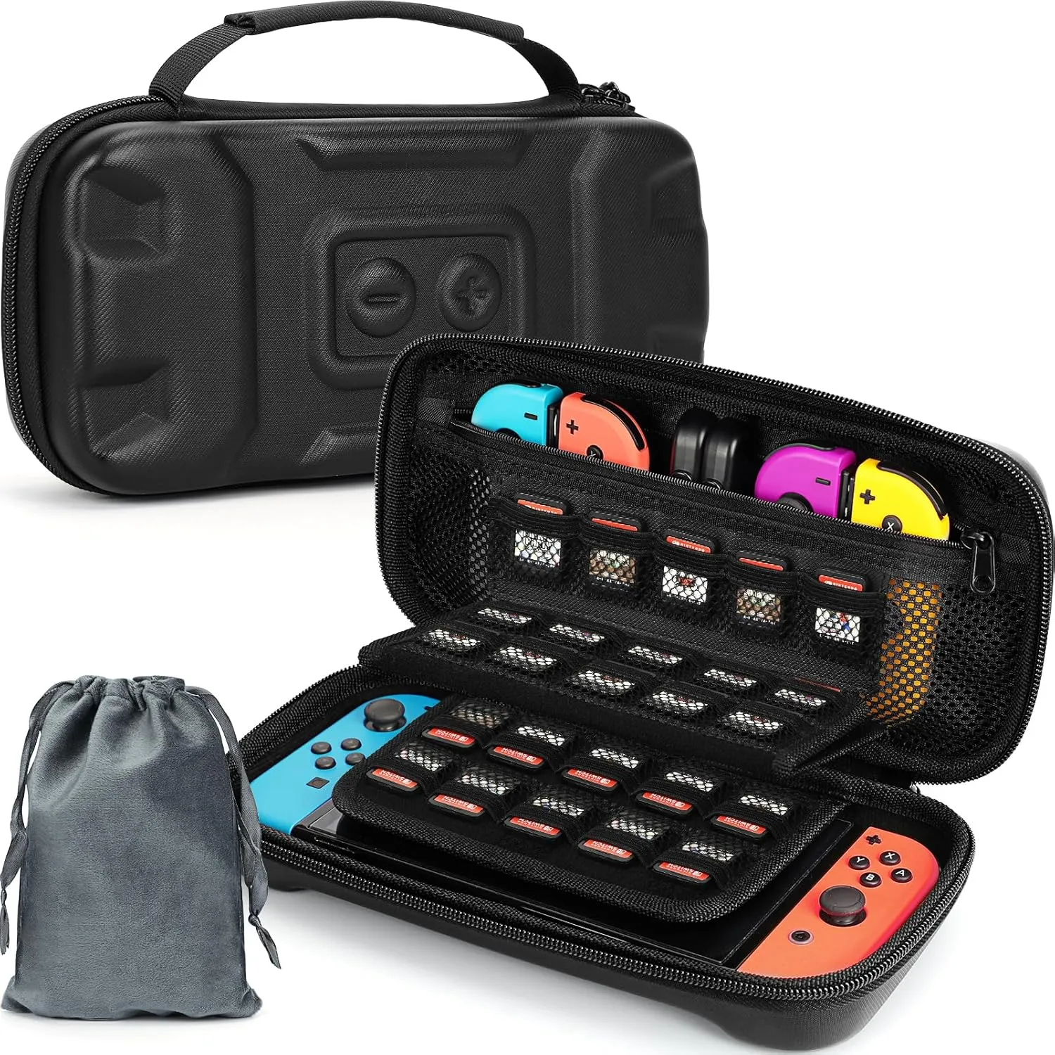 FYY Switch Case Compatible with Nintendo Switch and Switch OLED - Portable Hard Travel Case with 35 Game Card Holders, Built-in Kickstand, Drawstring Pouch for Charger - Black