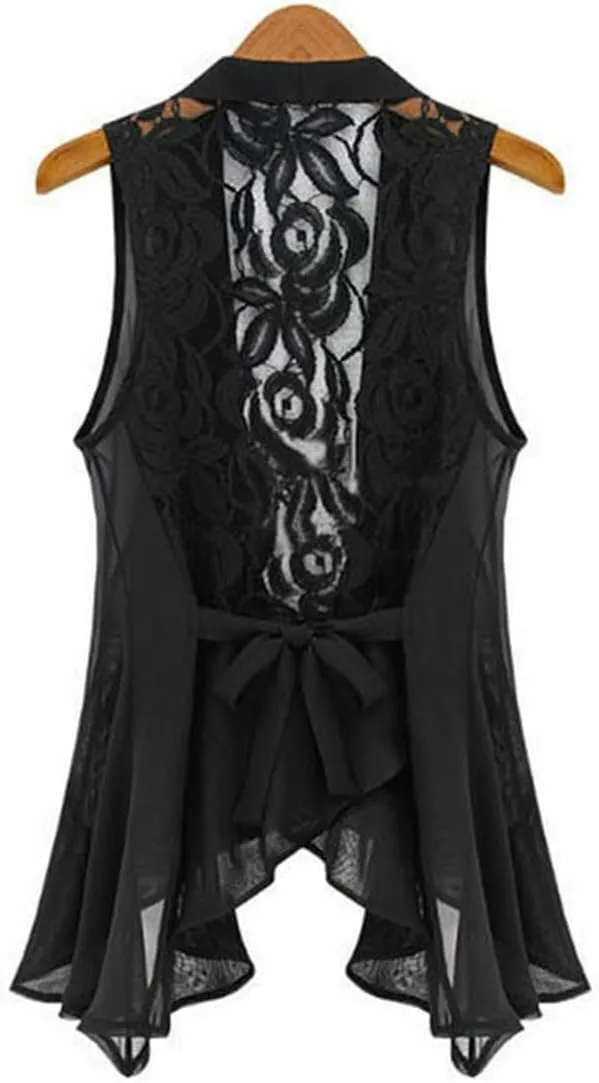 GK-O Women Chiffon Lace Floral Vest Sleeveless Loose Waistcoat Cardigan