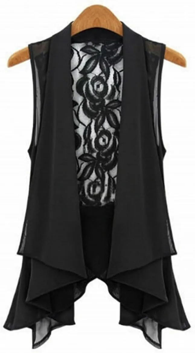 GK-O Women Chiffon Lace Floral Vest Sleeveless Loose Waistcoat Cardigan