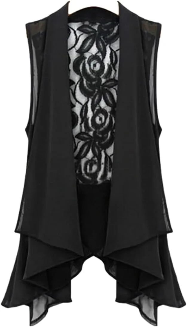 GK-O Women Chiffon Lace Floral Vest Sleeveless Loose Waistcoat Cardigan