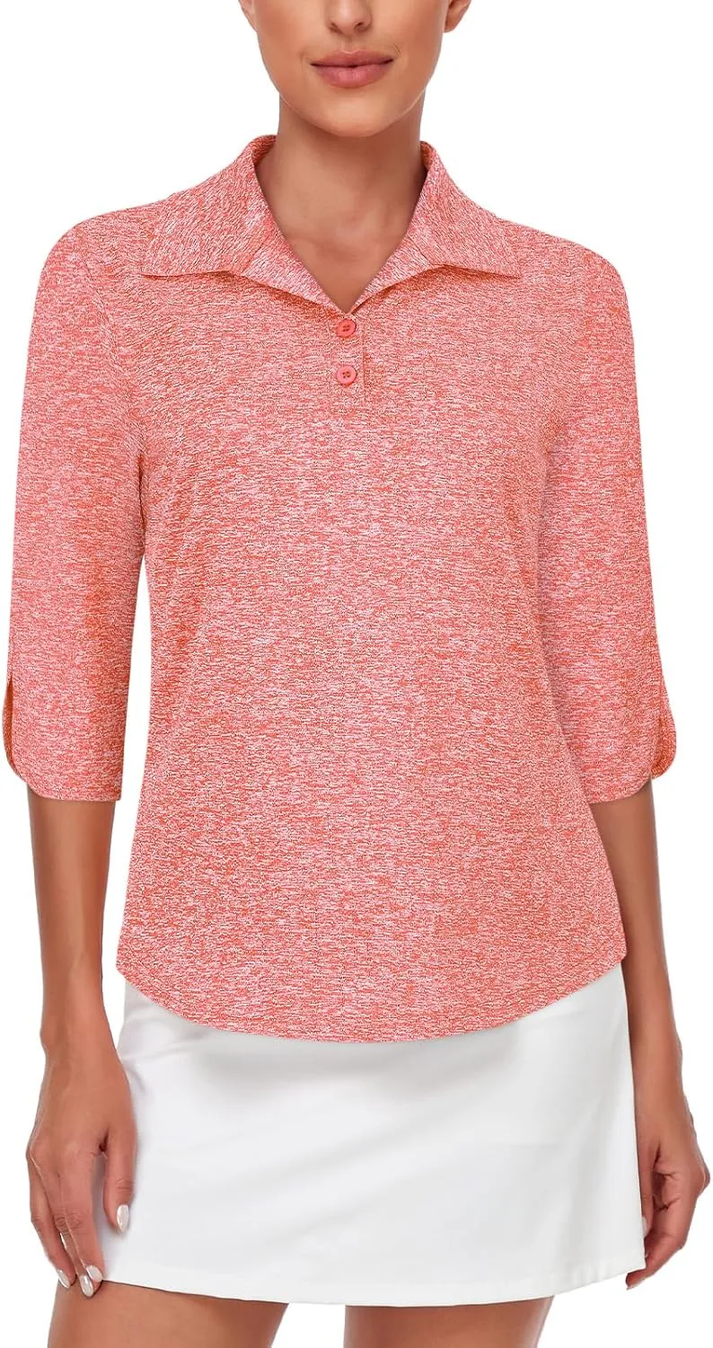 LURANEE Womens Golf Shirt Quick Dry 3/4 Sleeve T Shirts 2-Buttons Polo Workout Tops UPF 50  Shirts S-2XL