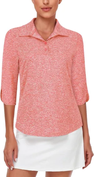 LURANEE Womens Golf Shirt Quick Dry 3/4 Sleeve T Shirts 2-Buttons Polo Workout Tops UPF 50  Shirts S-2XL