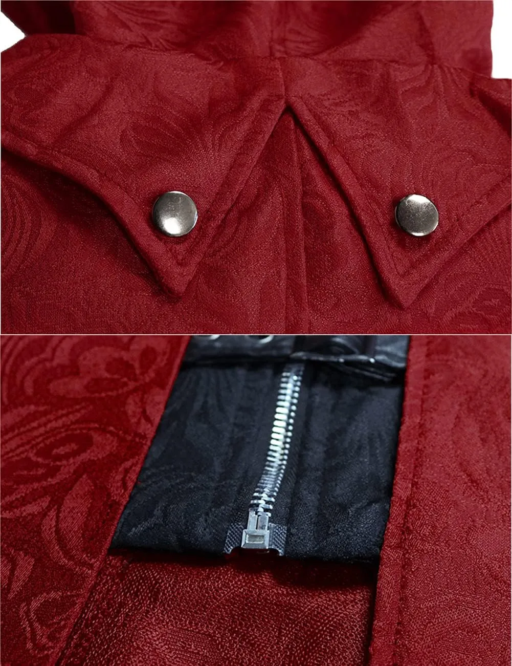 Men's Medieval Tailcoat Steampunk Vintage Spliced Hooded Trench Zipper Coat Gothic Dark Halloween Costume