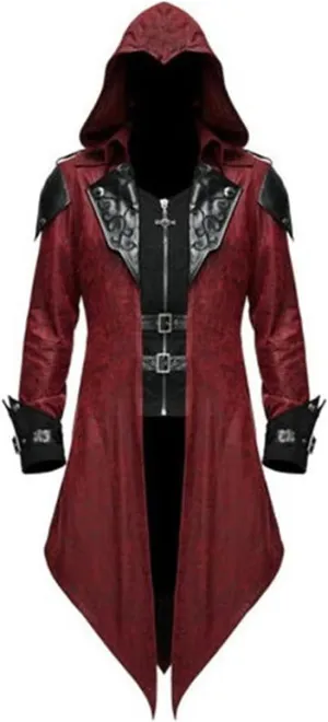 Men's Medieval Tailcoat Steampunk Vintage Spliced Hooded Trench Zipper Coat Gothic Dark Halloween Costume