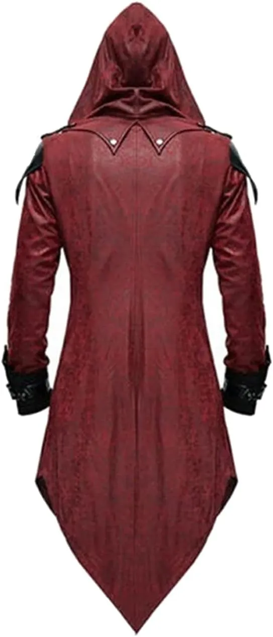 Men's Medieval Tailcoat Steampunk Vintage Spliced Hooded Trench Zipper Coat Gothic Dark Halloween Costume