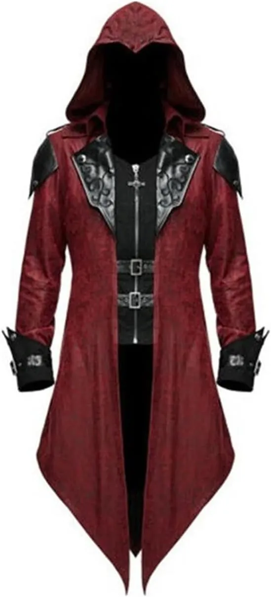 Men's Medieval Tailcoat Steampunk Vintage Spliced Hooded Trench Zipper Coat Gothic Dark Halloween Costume