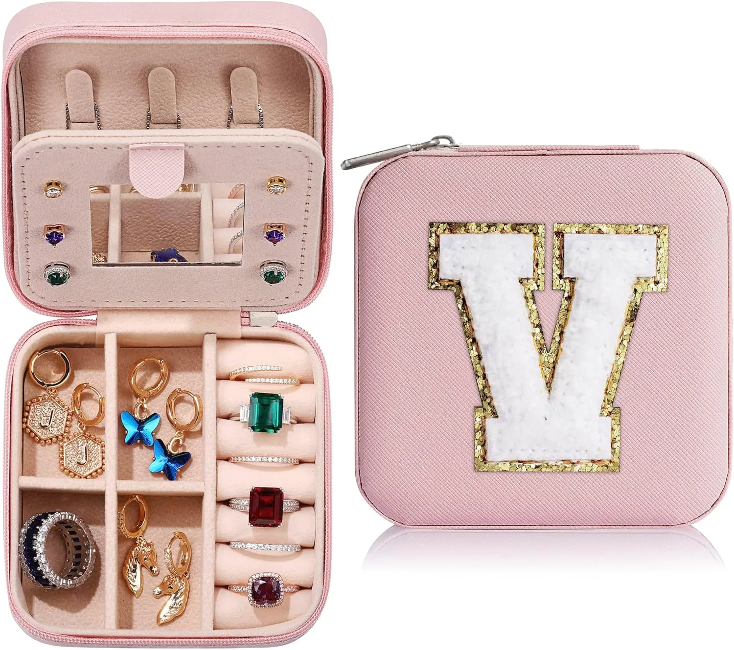 Parima Travel Jewelry Organizer for Women | Necklace, Earrings, Ring Holder | Jewelry Case | Travel Gifts for Women - Letter V, Pink