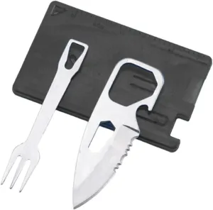 Pocket Credit Knife and Fork Ultra thin Camping Utensils,Stainless Steel Outdoor Survival Multipurpose Tool with Measuring Ruler Bottle Opener,4 in 1 Tool Kit Pocket Tools