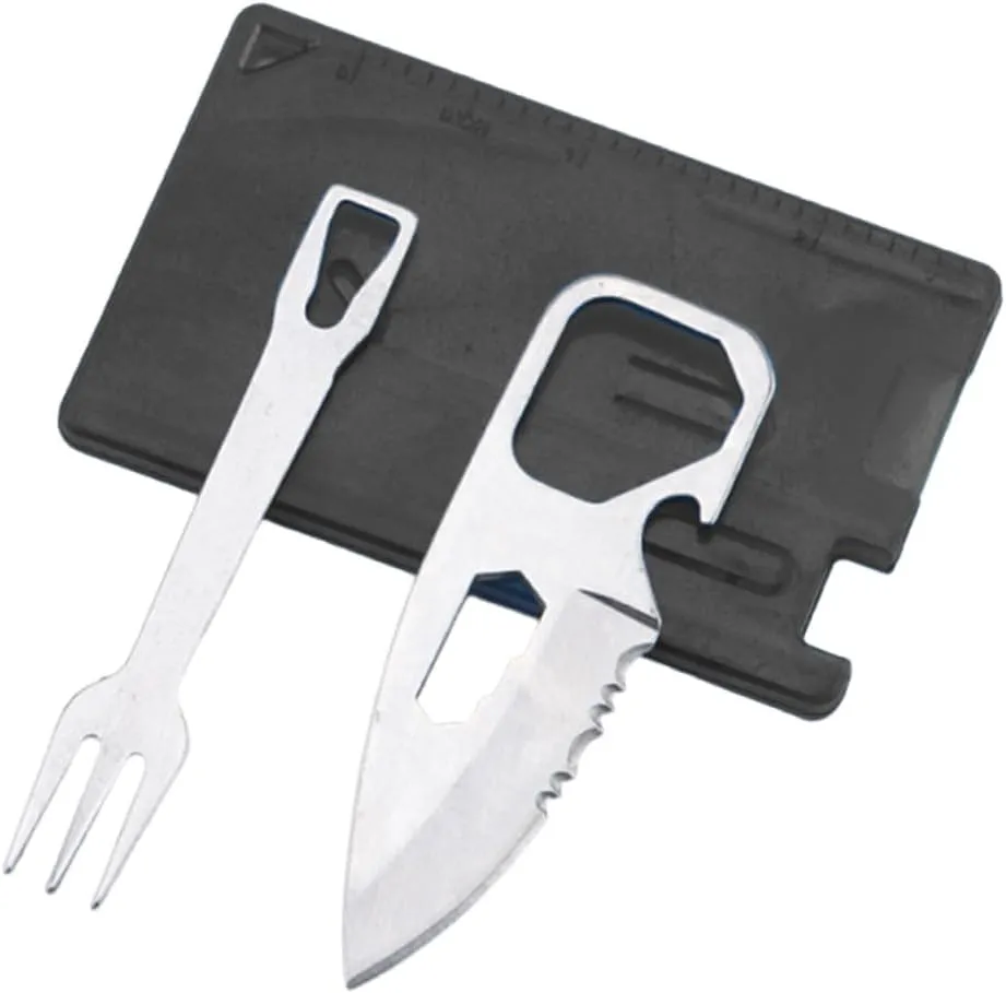 Pocket Credit Knife and Fork Ultra thin Camping Utensils,Stainless Steel Outdoor Survival Multipurpose Tool with Measuring Ruler Bottle Opener,4 in 1 Tool Kit Pocket Tools