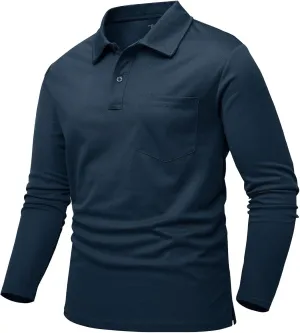 Rdruko Men's Polo with Pocket Long Sleeve Quick Dry Outdoor Golf Pullover Collared T-Shirt