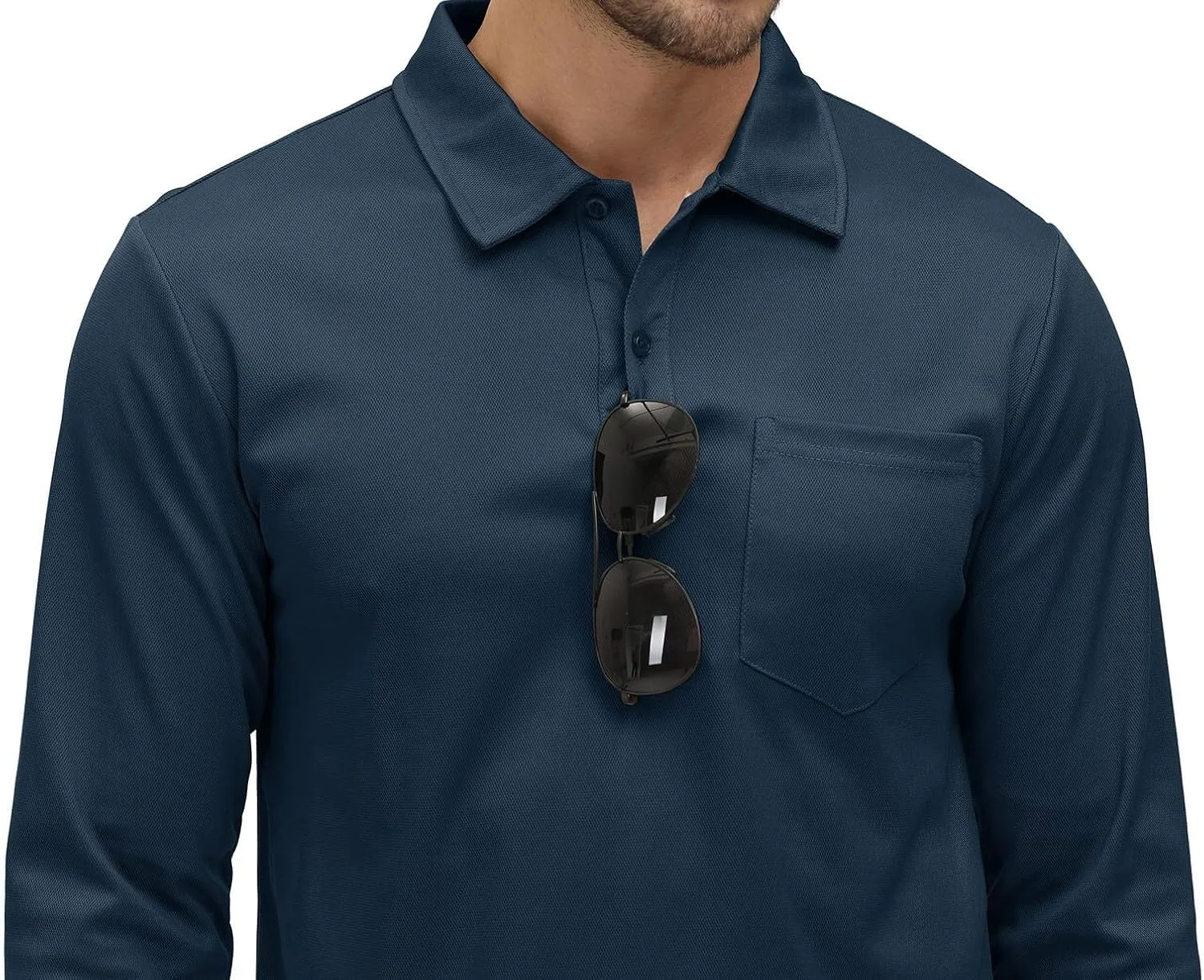 Rdruko Men's Polo with Pocket Long Sleeve Quick Dry Outdoor Golf Pullover Collared T-Shirt