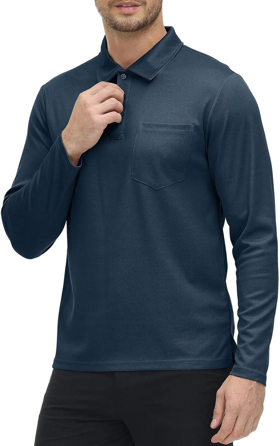Rdruko Men's Polo with Pocket Long Sleeve Quick Dry Outdoor Golf Pullover Collared T-Shirt