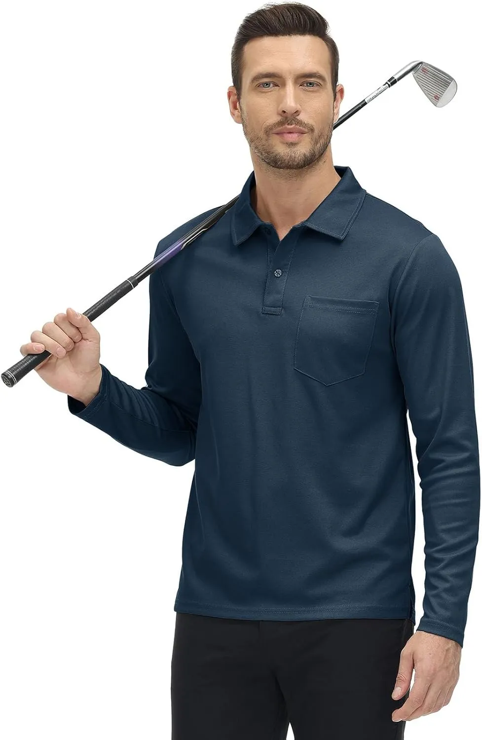 Rdruko Men's Polo with Pocket Long Sleeve Quick Dry Outdoor Golf Pullover Collared T-Shirt