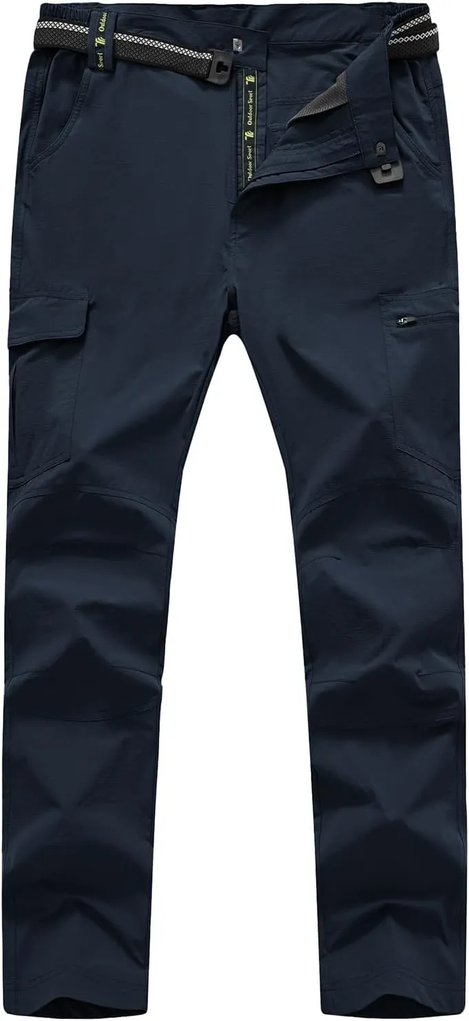 TBMPOY Men's Lightweight Hiking Pants with Belt 5 Zip Pockets Waterproof Quick-Dry Travel Fishing Work Outdoor Pants