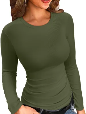 VICHYIE Fall Clothes Womens Crewneck Ribbed Long Sleeve Shirts Slim Fitted Tee Casual Basic Tshirt Top