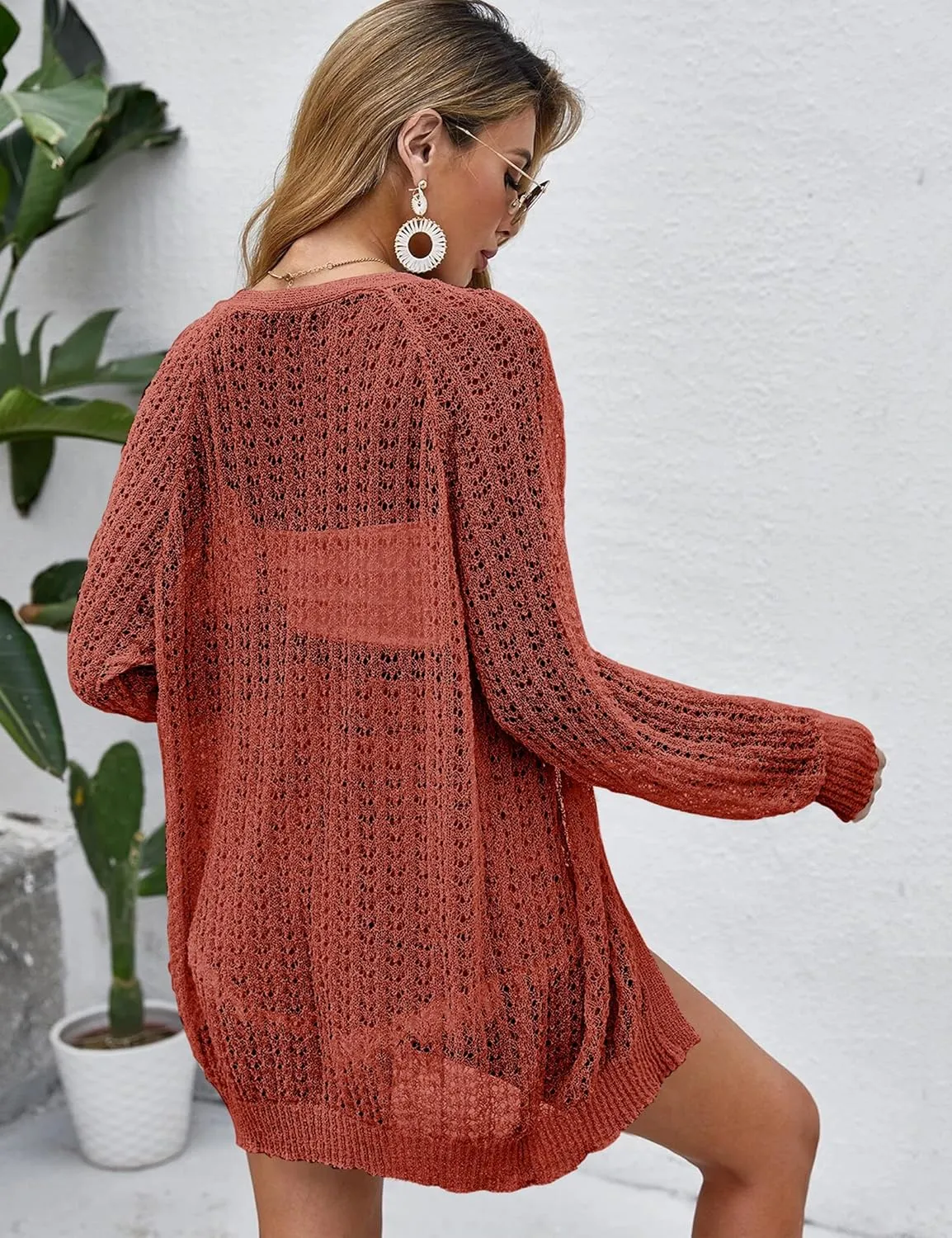 Women Crochet Lightweight Cardigan Cover Up Open Front Long Sleeve Summer Cardigans