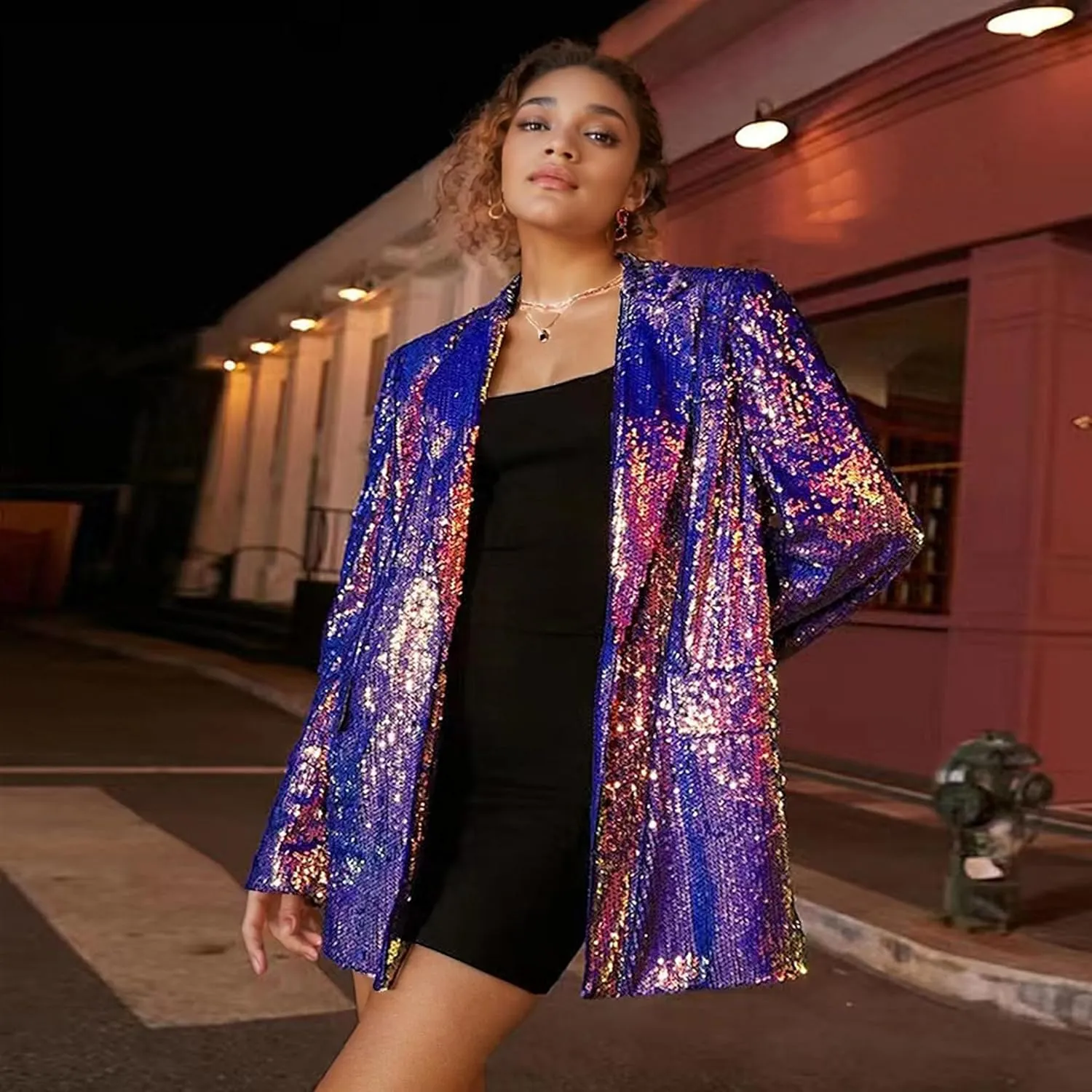 Women's Sequin Jacket Blazer Glitter Sparkly Coat Party Christmas Casual Cardigan Long Blazers