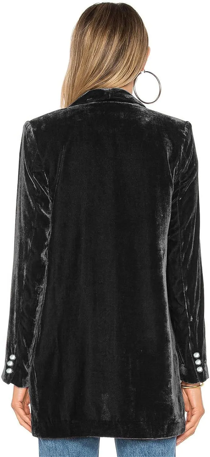 Women's Velvet Blazer Jackets Casual Long Sleeve Lapel Collar Pocketed Velvet Cardigan