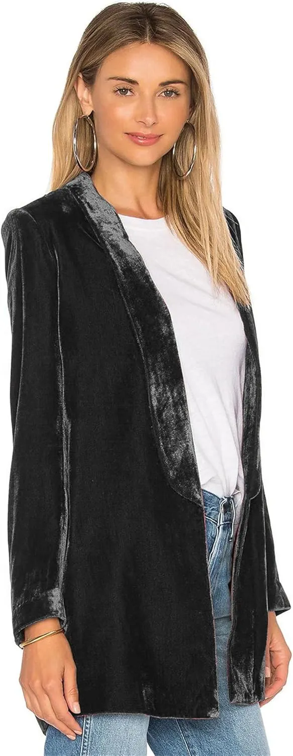 Women's Velvet Blazer Jackets Casual Long Sleeve Lapel Collar Pocketed Velvet Cardigan